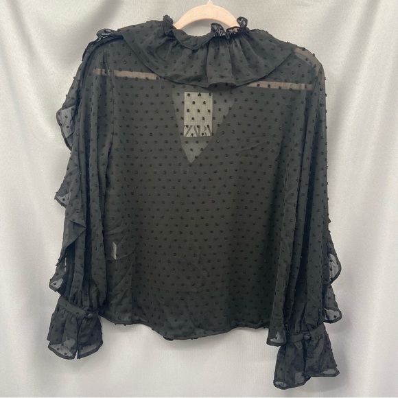 NWT Zara Swiss Dot Ruffle Long Sleeve Sheer Black Top Size Small - Picture 2 of 10